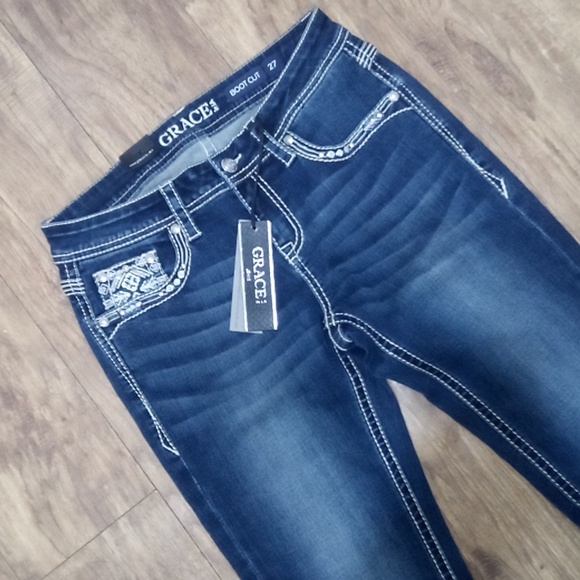 Grace in LA Women's 27 Embroidered Shimmer Boot Cut NWT - Picture 5 of 8